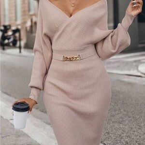 Elegant Beige Off-Shoulder Knit Dress